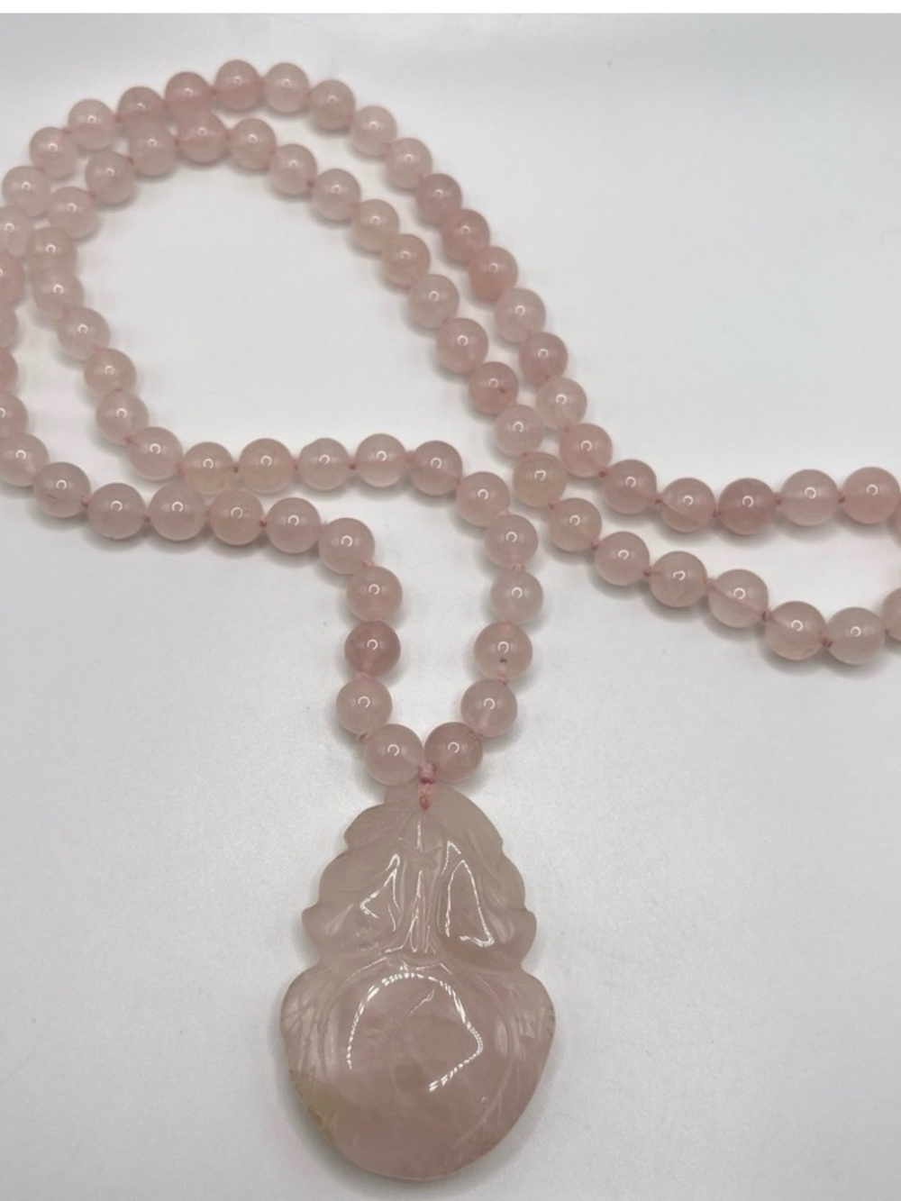Vintage Asian Rose Quartz Beaded Necklace w/ Carved Lotus Pendant